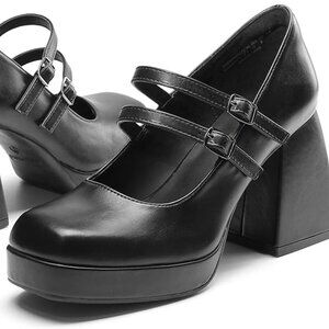 Y2K Whimsy Goth Chunky Platform Mary Jane Heels – Black